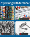 Ultimate Wire Ferrule Kit With 1000 Copper Crimp Terminals, four images comparing neat and messy electrical wiring.