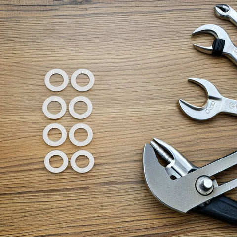 Stainless Steel Door Handle Washers and Spindle Repair Kit 100 Pcs Flat Thin Shims 8x12x0.1mm Door Knob Spacers for Home Hardware Maintenance and Furniture Repair DIY Ready, washers on wood with pliers