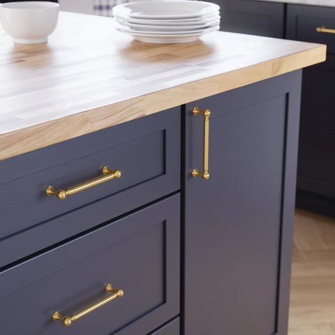 Modern Gold Cabinet Handles And Drawer Pulls For Kitchen Cupboards And Dressers Deliver A Slick Farmhouse Upgrade Featuring Buttery Smooth Operation And A Rad Fresh Vibe on dark cabinets with wood countertop.