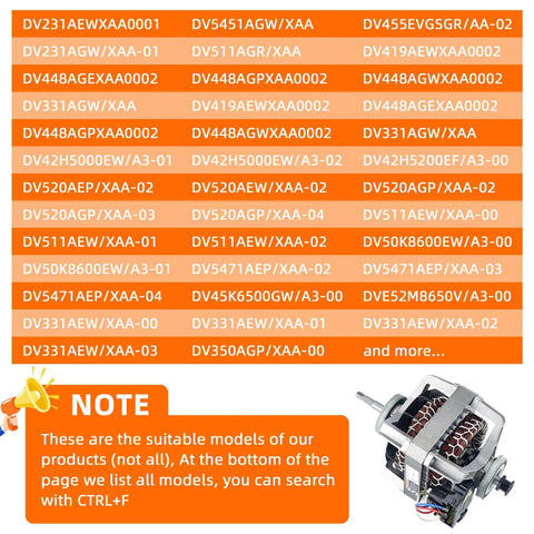 Drop In Dryer Induction Motor 120V 60Hz 1630 RPM One Third HP Left Hand Thread model compatibility list for Samsung Kenmore dryers