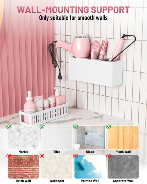 Detachable Hair Dryer Holder and Tool Organizer With 3 Stainless Steel Cups, Wall Mounted Bathroom Storage for Hair Tools