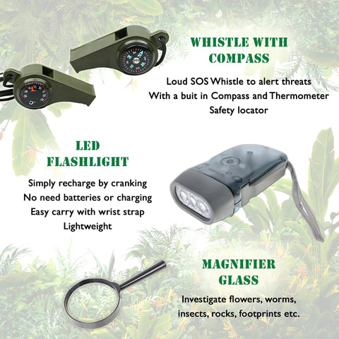 Image showing whistle with compass, LED flashlight, and magnifier glass from the Outdoor Adventure Kit For Kids With Real Walkie Talkies.