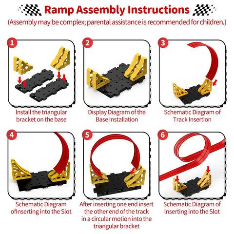 Ramp assembly instructions for 16 Ft Flexible Race Track With Suction Cups For Diecast 1 64th Cars Portable Roll Out Red Car Track Toy.