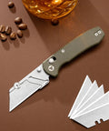 Folding Utility Knife With 2.62 Inch Razor Blade, 5 Extra Replacement Blades, EDC Camping Knife With Pocket Clip, Green Micarta Handle
