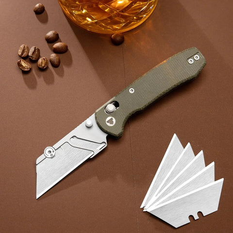 Folding Utility Knife With 2.62 Inch Razor Blade, 5 Extra Replacement Blades, EDC Camping Knife With Pocket Clip, Green Micarta Handle