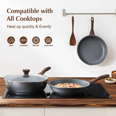 Kickin Nonstick Frying Pan With Swiss Granite Coating on stovetop, woodgrain Bakelite handle, compatible with all cooktops