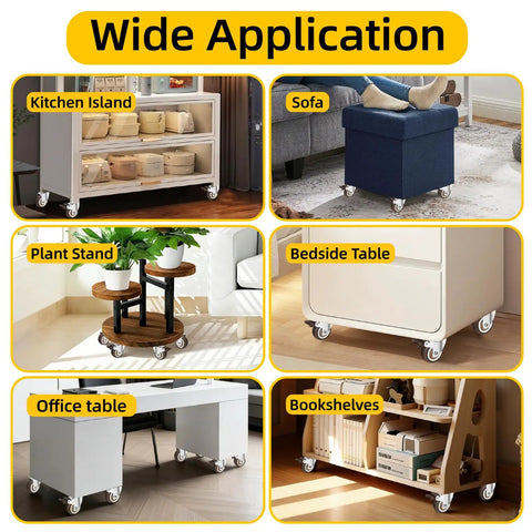 Wide application of Smooth 1.5 Inch TPR Rubber Caster Wheels Set Of Four With Swivel Brakes on various furniture items.