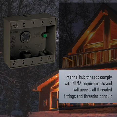 Bronze 4.5-Inch By 4.5-Inch 2-Gang Weatherproof Junction Box With 2-Inch Depth, Three Half-Inch Threaded Holes, Outdoor Electrical Box DB350Z front view