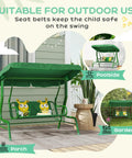 Kids Patio Swing 2-Seater Outdoor Swing Chair With Adjustable Canopy And Safety Belt Lion Pattern Hanging Swing Bench For Garden Or Backyard Yellow Edition Great Gift For Kids, shown with green frame and lion pattern cushions.