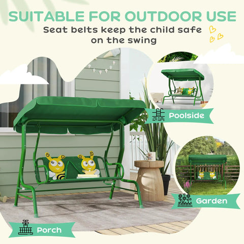 Kids Patio Swing 2-Seater Outdoor Swing Chair With Adjustable Canopy And Safety Belt Lion Pattern Hanging Swing Bench For Garden Or Backyard Yellow Edition Great Gift For Kids, shown with green frame and lion pattern cushions.