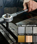 Person using 87 Piece All In One Tap And Die Set With SAE And Metric Sizes In Pro Grade Titanium Steel For Mechanics Auto Machining And Craftsmen Internal And External Threads Rethread And Thread Repair on a metal piece, materials shown.