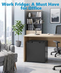 Rock Solid 1.6 Cu Ft Mini Fridge With Freezer Tight Compact Upright Cooler in modern office space with desk and chair.