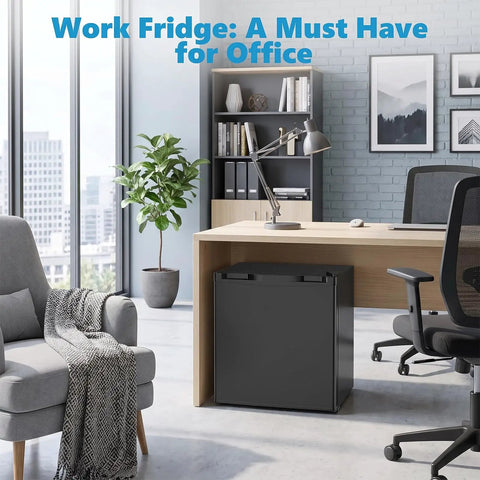 Rock Solid 1.6 Cu Ft Mini Fridge With Freezer Tight Compact Upright Cooler in modern office space with desk and chair.
