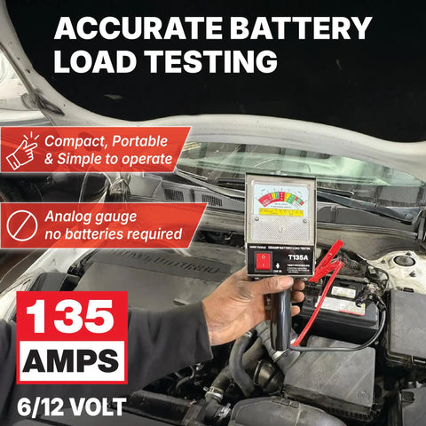 135 Amp Battery Load Tester For Cars, Motorcycles, And Marine Batteries 6V 12V Automotive Charging System Analyzer With Easy Read Gauge And Copper Jaw Clamps, Quick 10 Second Battery Health Check, Rugged Pro Grade Diagnostics on car engine bay