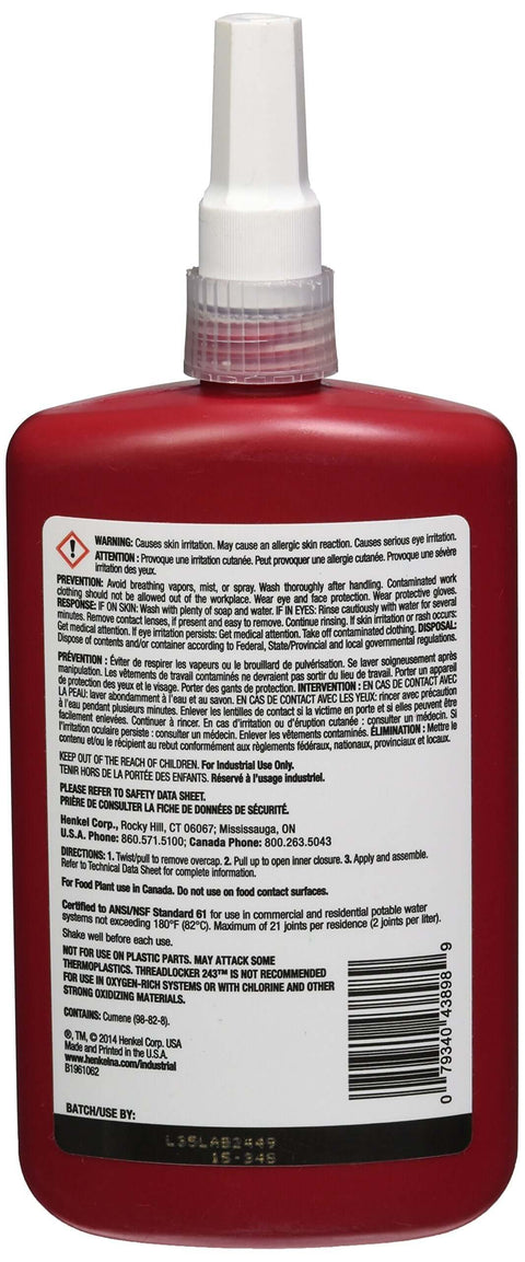 Back view of Blue Medium Strength Liquid Thread Locker For Metal Surfaces That Cures Fast Locks Bolts And Screws On Steel And Stainless Steel
