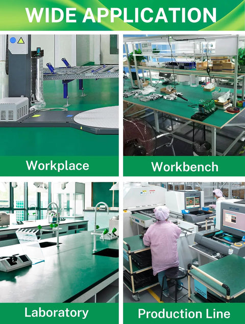 Rubber ESD soldering mat roll for anti-static circuit repair; collage shows workplace, bench, lab, production line.