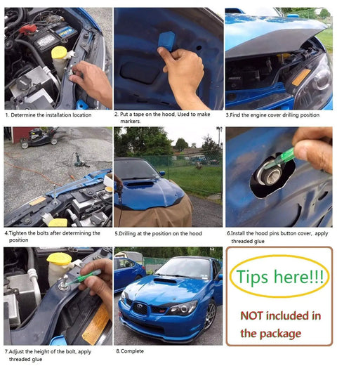 Installation process of 2 Pack Quick Release Hood Pin Kit Universal Fit 2.44 Inch Diameter Aluminum Alloy And Stainless Steel Latch Push Button Lock Clips For Auto Cars Black Pro with highlighted steps.
