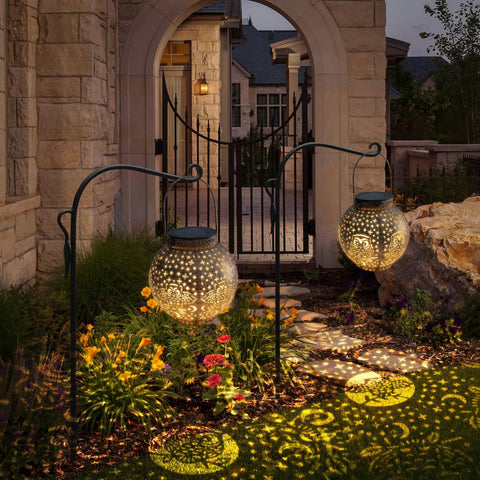 Outdoor Solar Lanterns With Cute Owl Cutouts Two Pack Waterproof Garden Decor illuminating pathway at night