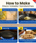 How to make Disco Volador sandwiches with cast iron press, showcasing ingredients, prep steps, and finished sandwich.