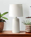 Textured Linear Ceramic Table Lamp In Off White With White Fabric Shade Pottery Style Cozy Vibe Uses 60W A19 Bulb 5 Foot Plug In Cord