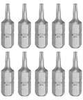 Real Deal T8 Torx Screwdriver Bit Set With 1/4 Inch Hex Shank And Heavy Duty CRV Steel, ten T8 bits arranged in a row.