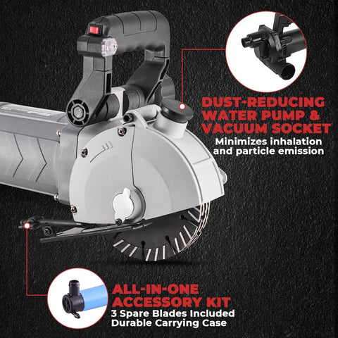 Pro Grade Wall Chaser Cutting Machine with water pump, vacuum socket, and accessory kit for concrete groove cutting