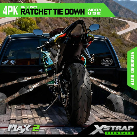 Heavy Duty One Inch Ratchet Tie Down Straps Four Pack With Integrated Soft Loops And A Killer Grip To Securely Lash Motorcycles Campers And Trailers While The Dang Tough Polyester Weave Keeps Your Cargo Locked Down Tight On Every Road Trip with motorcycle in truck bed.