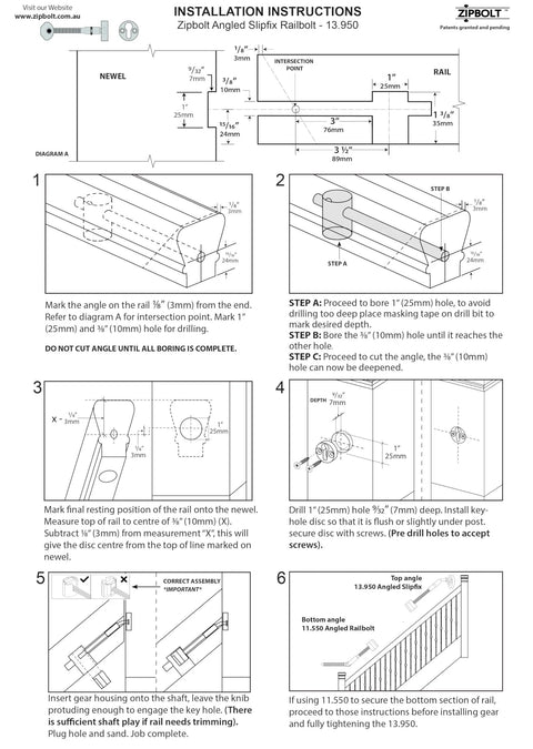 Installation instructions for Angled Slipfix Railbolt Handrail to Newel Post Connector, Model 13960, detailing steps and measurements.