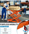 Heavy Duty Double Scissor Hydraulic Lift Table Cart Built Tough For Shop Floors and Lets This Bad Boy Raise Your Cargo Smoothly, moving bags in warehouse.