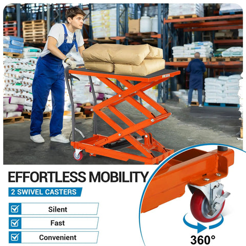 Heavy Duty Double Scissor Hydraulic Lift Table Cart Built Tough For Shop Floors and Lets This Bad Boy Raise Your Cargo Smoothly, moving bags in warehouse.