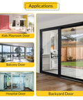 Applications of 9-366 Stamped Glass Door Roller Assembly for various doors including backyard, kids playroom, balcony, and hospital.