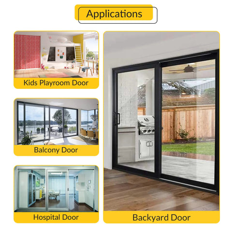Applications of 9-366 Stamped Glass Door Roller Assembly for various doors including backyard, kids playroom, balcony, and hospital.