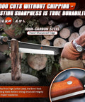 Beast Heavy Duty Japanese Machete Knife With Full Tang Blade cutting wood, showcasing 6mm high-carbon steel edge and wooden handle.