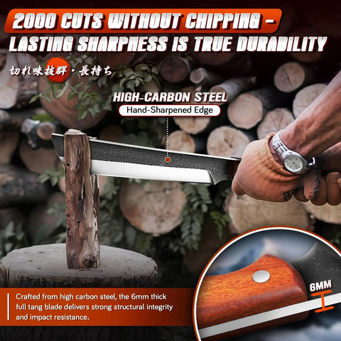 Beast Heavy Duty Japanese Machete Knife With Full Tang Blade cutting wood, showcasing 6mm high-carbon steel edge and wooden handle.