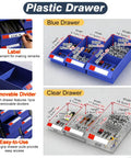 Heavy Duty Parts Organizer Cabinet Tough As Nails Steel Storage Bin For Real Deal Shop And Garage Solid Tool Chest With Secure Locking Drawers And 75 Smooth Sorting Compartments showing blue and clear plastic drawers with dimensions.