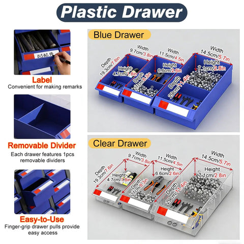 Heavy Duty Parts Organizer Cabinet Tough As Nails Steel Storage Bin For Real Deal Shop And Garage Solid Tool Chest With Secure Locking Drawers And 75 Smooth Sorting Compartments showing blue and clear plastic drawers with dimensions.