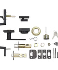 Matte Black Front Door Lock Set With Stamford Lever Handleset Exterior Single Cylinder, parts displayed including keys and latches