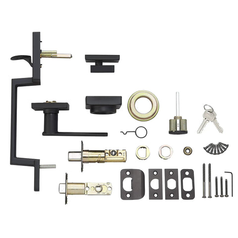 Matte Black Front Door Lock Set With Stamford Lever Handleset Exterior Single Cylinder, parts displayed including keys and latches