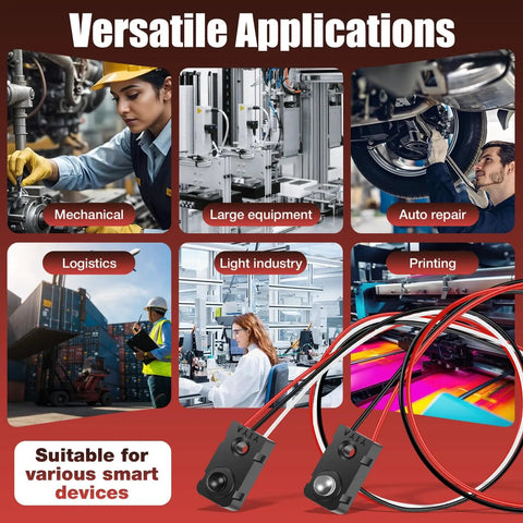 6 images showing uses of 8 Pcs IR Break Beam Sensor Kit With 5mm LEDs Counting Module in mechanical, auto repair, logistics, and printing sectors.