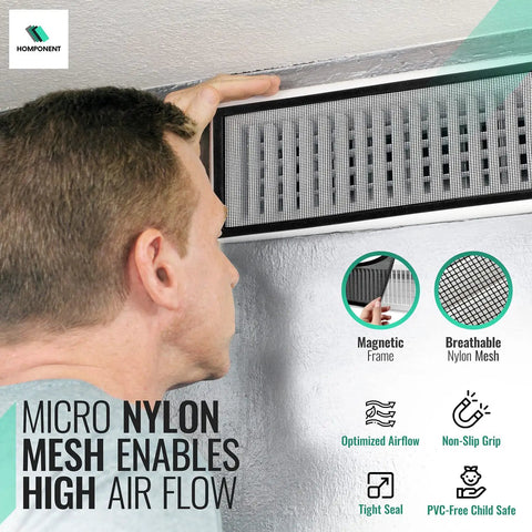 Person installing Magnetic Floor Vent Screen Mesh 4x10 2 Pack Easy Snap In Bug Filter on wall vent with nylon mesh frame.