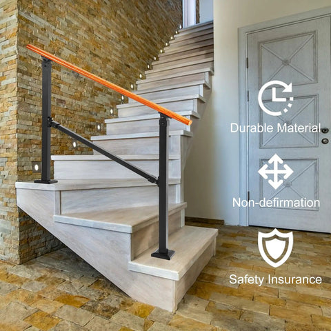 Sturdy Metal Wood Grain Handrail For 3 Step Outdoor Stairs Built Tough For Elderly Grip Help And Fall Prevention Zero Sweat Diy Mounting For Back Porch, shown attached to a light wooden staircase.