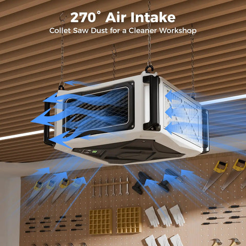 Beefy Dust Collector With 270 Degree Intake Remote Control 2 Stage Filtration for garage shop woodworking air system