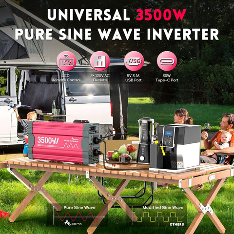 Heavy Lifter Three Thousand Five Hundred Watt Pure Sine Wave Power Inverter connected to kitchen appliances on tabletop.