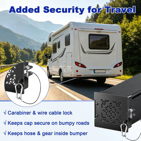 Heavy Duty Aluminum RV Bumper End Caps 2 Pack With Vent Holes and protective mesh on travel trailer for secure storage