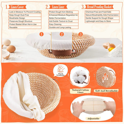 Ultimate All In One Sourdough Baking Kit With Proofing Baskets And Tools For Home Bakers, featuring lined basket and materials.