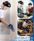 Built Tough Four Pack Safety Face Shield Kit With Rock Solid Impact Resistant Polycarbonate Visor And No Fuss Ratchet Headgear For Daily Grinding Tasks worn by workers in various tasks.