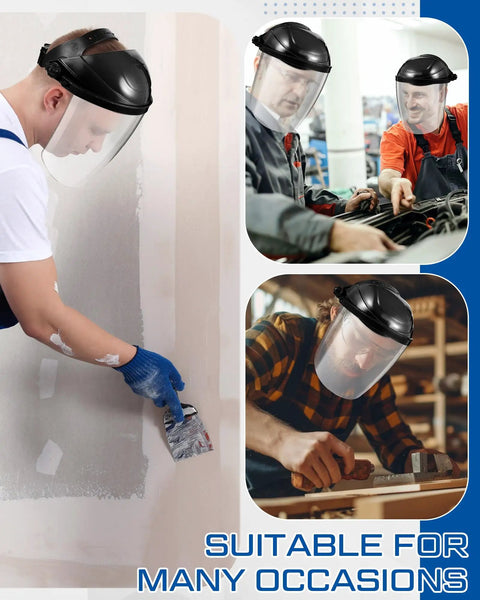 Built Tough Four Pack Safety Face Shield Kit With Rock Solid Impact Resistant Polycarbonate Visor And No Fuss Ratchet Headgear For Daily Grinding Tasks worn by workers in various tasks.