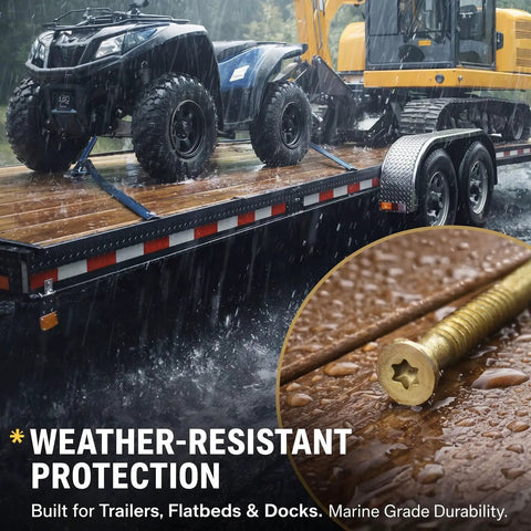Bulk Pack Of 100 Size 14 Self Drilling Trailer Deck Screws With Torx Star Drive For Wood To Metal Fastening On Trailers And Flatbeds Two And Three Quarters Inches Long in use on a trailer deck in the rain, highlighting weather-resistant protection.