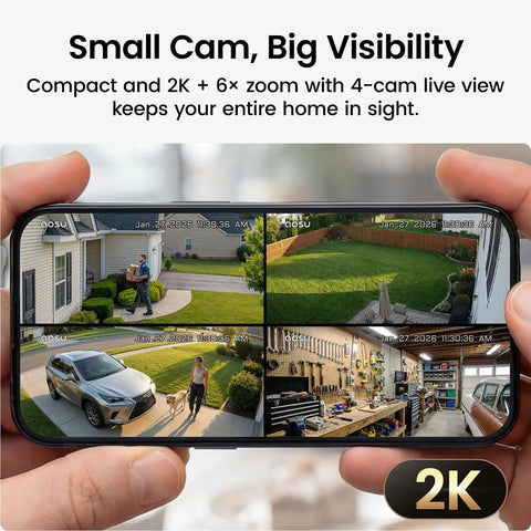 Smartphone displaying Wireless Outdoor Security Camera Kit With Local Storage 2K Resolution 6X Zoom 4 Camera System live view.