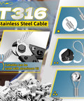 T316 stainless steel cable kit showing wire cutter, aluminum sleeve, and cable loop for Heavy Duty Stainless Steel Wire Rope Kit 400 Ft Long 1/32 Inch Cable With 100 Aluminum Sleeve Stops For String Lights Hanging Clotheslines Trellis Wire Built To Last.